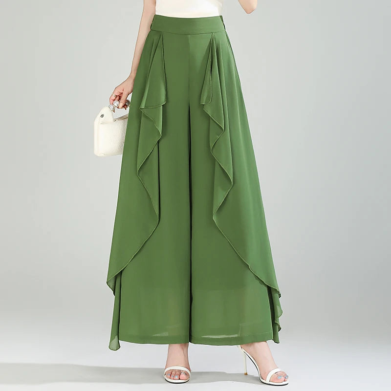 ZUZK Summer Ruffles Chiffion Pants Elastic Waist White Pants Women Fashion Lady Dance Pants baggy pants Wide Leg Pants