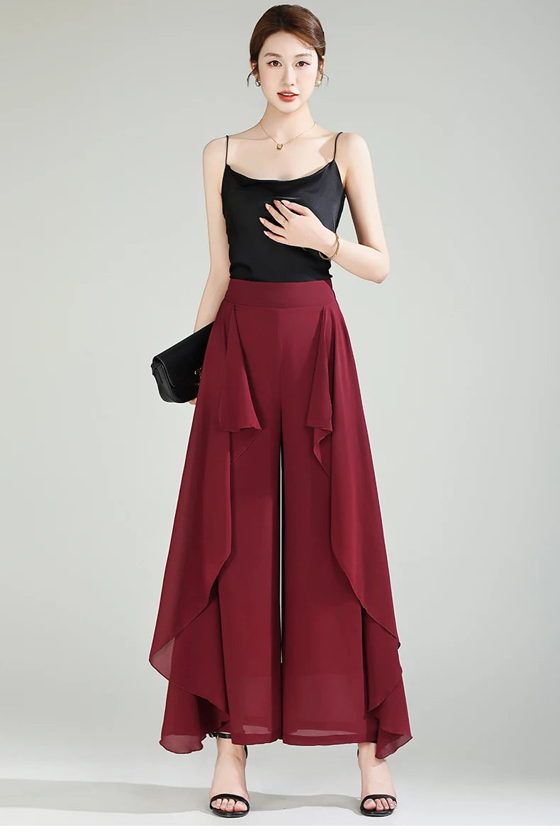 ZUZK Summer Ruffles Chiffion Pants Elastic Waist White Pants Women Fashion Lady Dance Pants baggy pants Wide Leg Pants