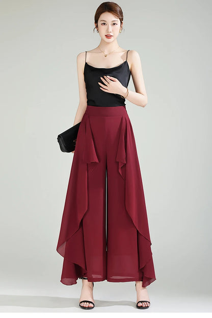 ZUZK Summer Ruffles Chiffion Pants Elastic Waist White Pants Women Fashion Lady Dance Pants baggy pants Wide Leg Pants