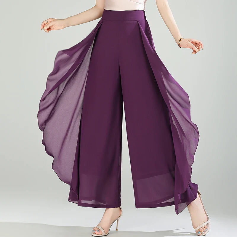 ZUZK Summer Ruffles Chiffion Pants Elastic Waist White Pants Women Fashion Lady Dance Pants baggy pants Wide Leg Pants