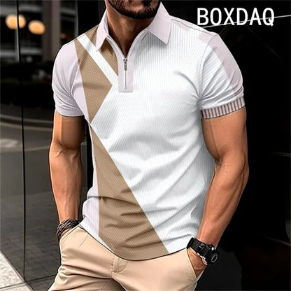 Men's Summer Short Sleeve Lapel Zipper Collar Polo Shirt Fashion Minimalist Casual Polo Shirt 3D Color Splicing Polo Shirt Tops