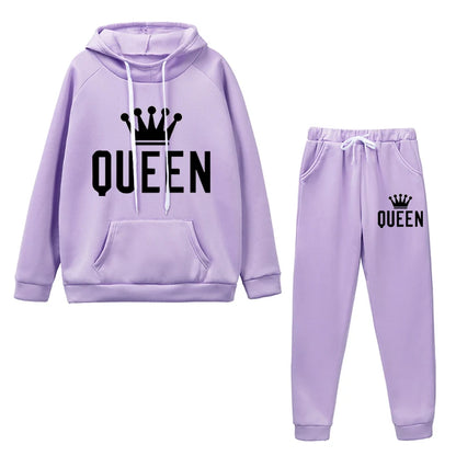 Queen Printed Womens Tracksuit Warm Casual Hooded Sweatshirt 2 Pcs Set Sports Jogging Woman Pants Set Daily Office Home Clothing