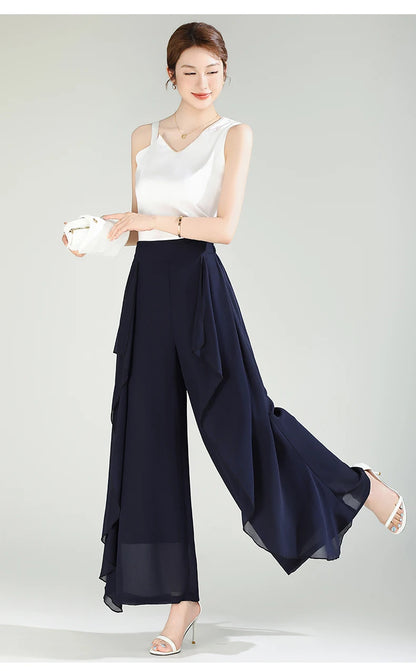ZUZK Summer Ruffles Chiffion Pants Elastic Waist White Pants Women Fashion Lady Dance Pants baggy pants Wide Leg Pants