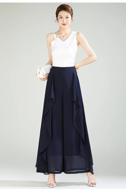 ZUZK Summer Ruffles Chiffion Pants Elastic Waist White Pants Women Fashion Lady Dance Pants baggy pants Wide Leg Pants