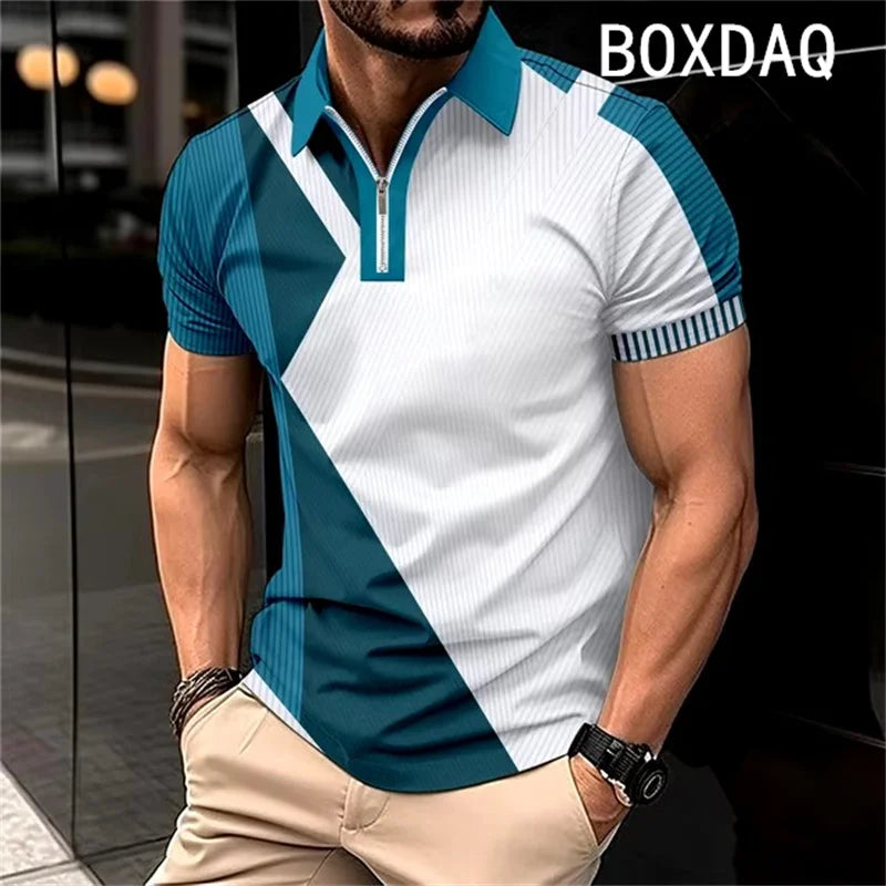Men's Summer Short Sleeve Lapel Zipper Collar Polo Shirt Fashion Minimalist Casual Polo Shirt 3D Color Splicing Polo Shirt Tops