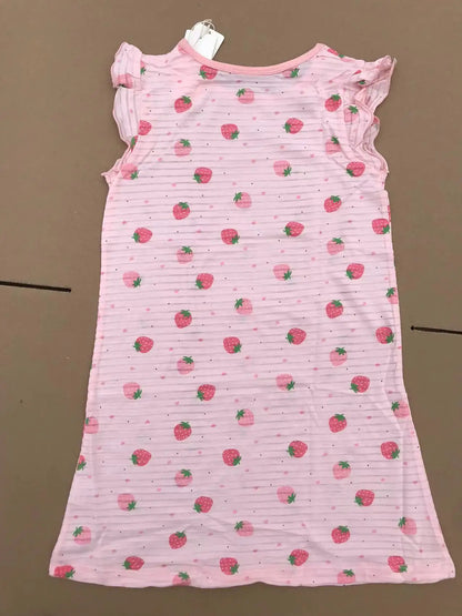 Girl Strawberry Prints Nightgown Dress Cotton Soft Breathable Kids Sleep Wear Quality Home Wear Size 110-170