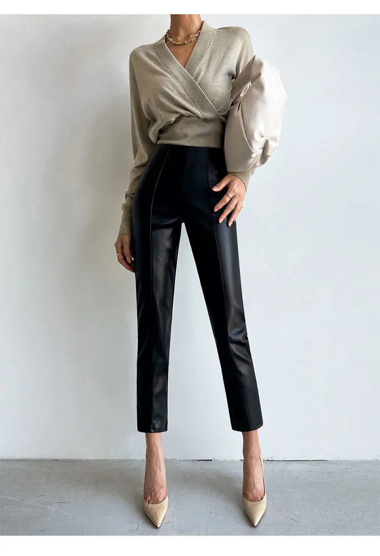 PU Autumn Winter Leather Pencil Pant Women Bodycon Fashion Office High Waist Ladies Trousers Casual Woman Pants