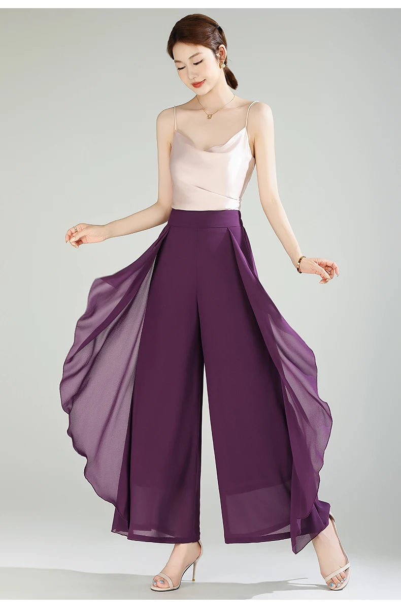 ZUZK Summer Ruffles Chiffion Pants Elastic Waist White Pants Women Fashion Lady Dance Pants baggy pants Wide Leg Pants