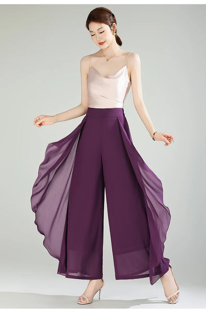 ZUZK Summer Ruffles Chiffion Pants Elastic Waist White Pants Women Fashion Lady Dance Pants baggy pants Wide Leg Pants