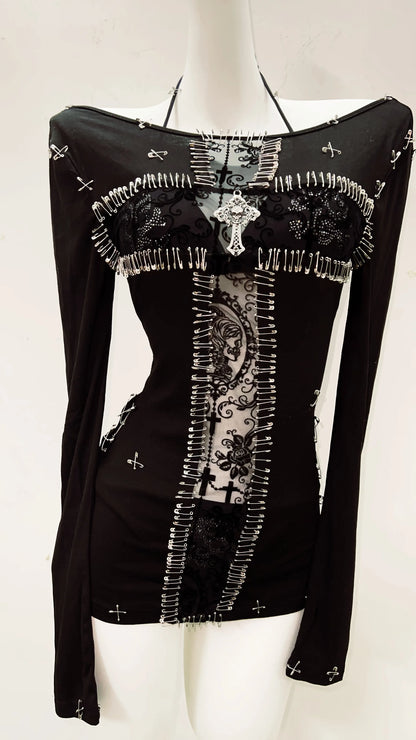 y2k fashion y2k clothes y2k crop top gothic clothes vintage shirt y2k shirt Gothic shirt Punk shirt Harajuku shirt Cross shirt