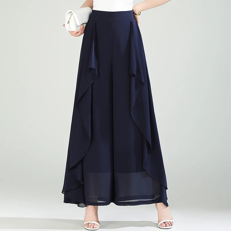 ZUZK Summer Ruffles Chiffion Pants Elastic Waist White Pants Women Fashion Lady Dance Pants baggy pants Wide Leg Pants