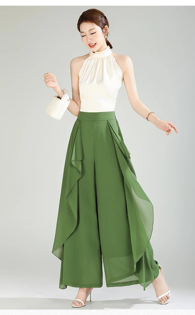 ZUZK Summer Ruffles Chiffion Pants Elastic Waist White Pants Women Fashion Lady Dance Pants baggy pants Wide Leg Pants
