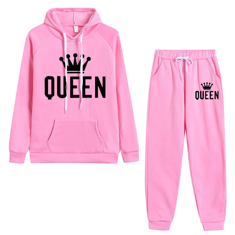 Queen Printed Womens Tracksuit Warm Casual Hooded Sweatshirt 2 Pcs Set Sports Jogging Woman Pants Set Daily Office Home Clothing