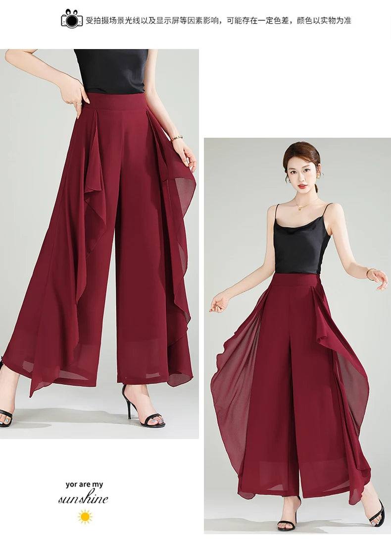 ZUZK Summer Ruffles Chiffion Pants Elastic Waist White Pants Women Fashion Lady Dance Pants baggy pants Wide Leg Pants