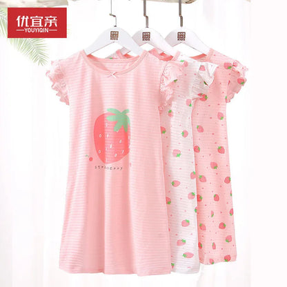 Girl Strawberry Prints Nightgown Dress Cotton Soft Breathable Kids Sleep Wear Quality Home Wear Size 110-170
