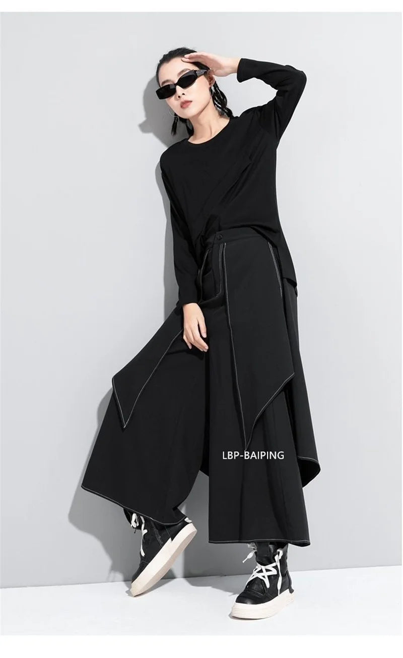 Korean Woman Pants New 2025 Black Loose False Two-piece Wide Legs Pants Ladies Casual Streetwear Hurajuku Trousers  Ladies