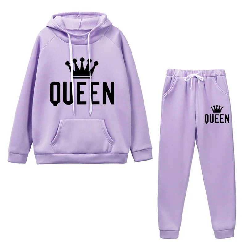 Queen Printed Womens Tracksuit Warm Casual Hooded Sweatshirt 2 Pcs Set Sports Jogging Woman Pants Set Daily Office Home Clothing