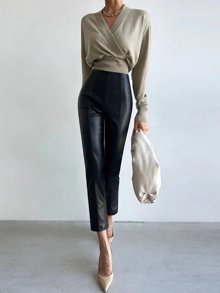 PU Autumn Winter Leather Pencil Pant Women Bodycon Fashion Office High Waist Ladies Trousers Casual Woman Pants