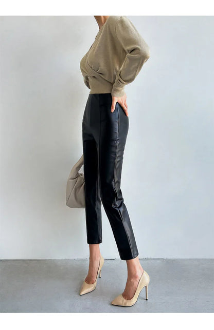 PU Autumn Winter Leather Pencil Pant Women Bodycon Fashion Office High Waist Ladies Trousers Casual Woman Pants