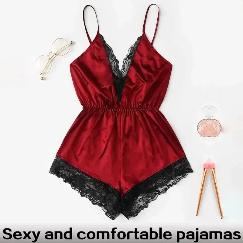 Summer New Sexy Fashion Women Lace Splice Trim Backless Bow Shorts V-Neck Bodysuit Women Sleep Wear Set