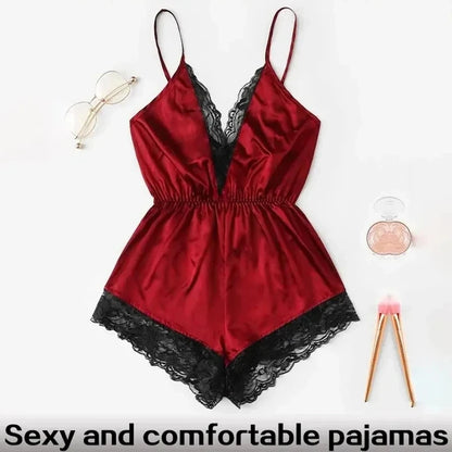 Summer New Sexy Fashion Women Lace Splice Trim Backless Bow Shorts V-Neck Bodysuit Women Sleep Wear Set