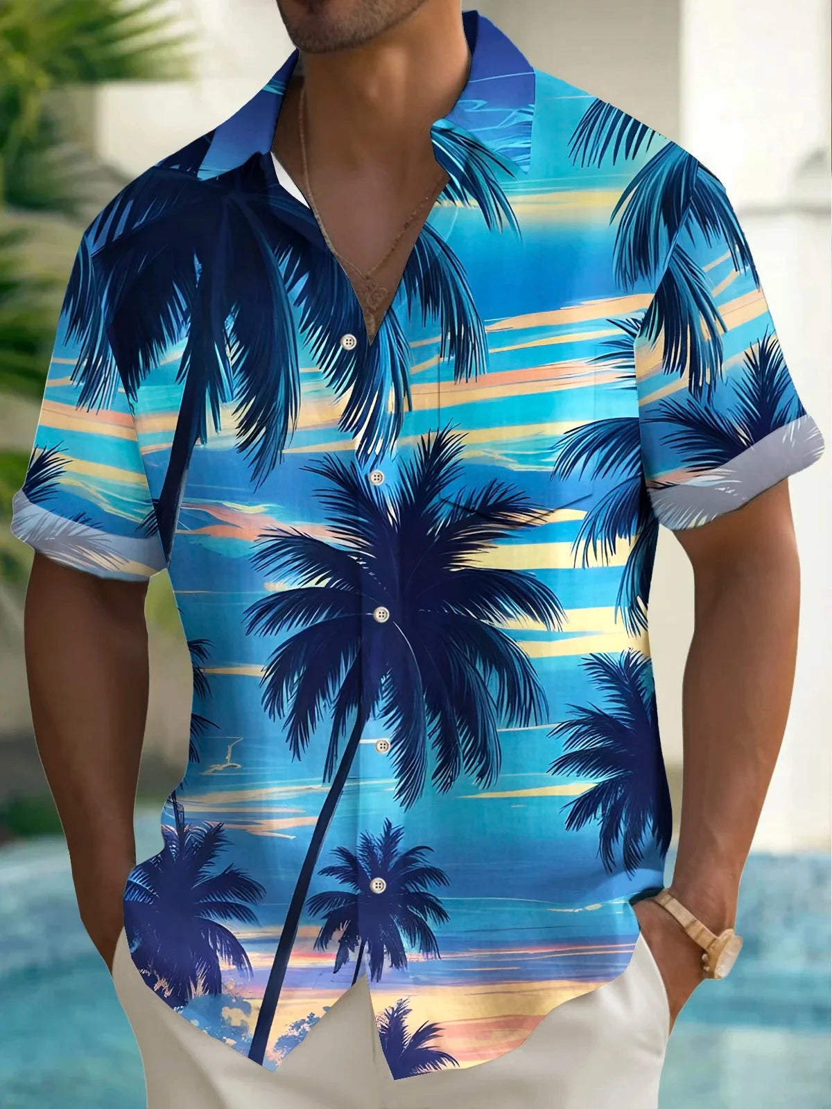 Men's Shirt Short Sleeve Hawaiian Blue Palm Tree Print Button Shirt Summer Beach Shirt Camping Shirt Men's Short Sleeve Shirt