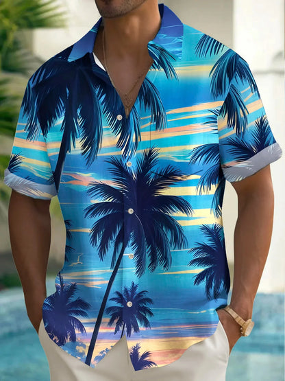 Men's Shirt Short Sleeve Hawaiian Blue Palm Tree Print Button Shirt Summer Beach Shirt Camping Shirt Men's Short Sleeve Shirt
