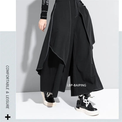 Korean Woman Pants New 2025 Black Loose False Two-piece Wide Legs Pants Ladies Casual Streetwear Hurajuku Trousers  Ladies
