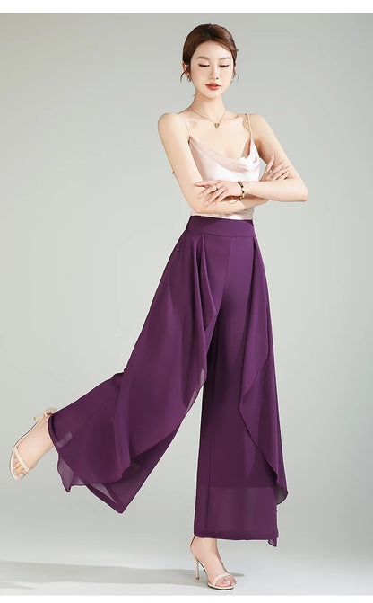 ZUZK Summer Ruffles Chiffion Pants Elastic Waist White Pants Women Fashion Lady Dance Pants baggy pants Wide Leg Pants