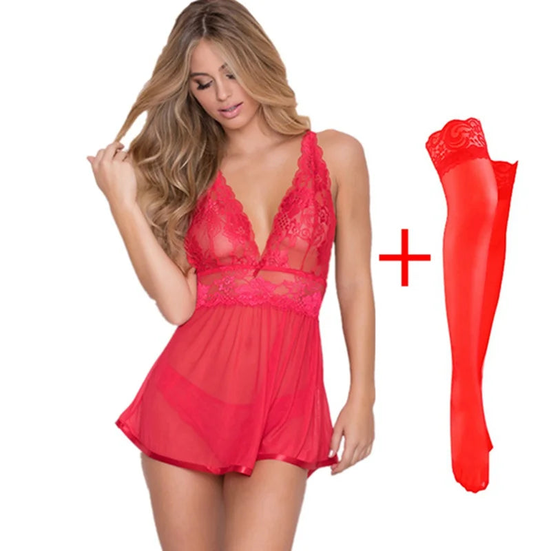 Sexy Women Lingerie Lace Night Dress Sleepwear Nightgown Deep See Through Sexy Sheer Sleep Dress Sleep Wear Lingerie