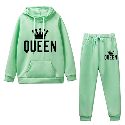 Queen Printed Womens Tracksuit Warm Casual Hooded Sweatshirt 2 Pcs Set Sports Jogging Woman Pants Set Daily Office Home Clothing