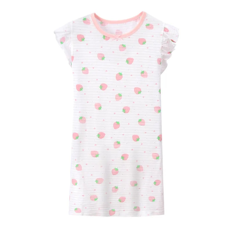 Girl Strawberry Prints Nightgown Dress Cotton Soft Breathable Kids Sleep Wear Quality Home Wear Size 110-170