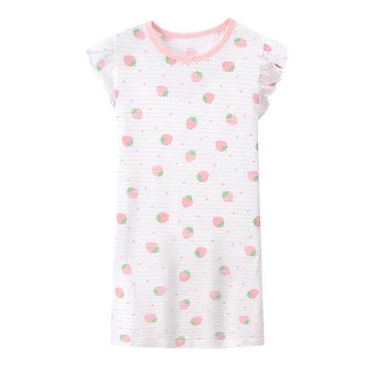 Girl Strawberry Prints Nightgown Dress Cotton Soft Breathable Kids Sleep Wear Quality Home Wear Size 110-170