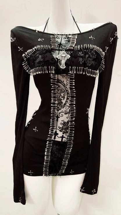 y2k fashion y2k clothes y2k crop top gothic clothes vintage shirt y2k shirt Gothic shirt Punk shirt Harajuku shirt Cross shirt