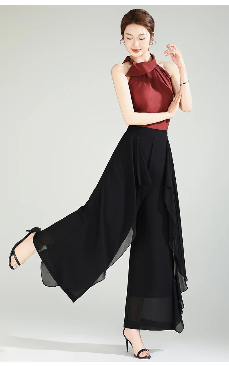 ZUZK Summer Ruffles Chiffion Pants Elastic Waist White Pants Women Fashion Lady Dance Pants baggy pants Wide Leg Pants