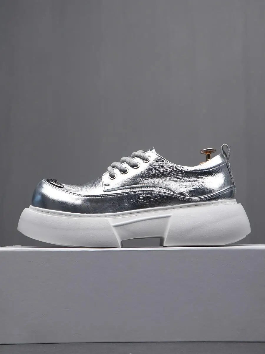Luxury Silvery Man Shoes Platform Heightening Fashion Leather Shoes for Man Wear-resistant Lightweight Sneakers Shoes Men