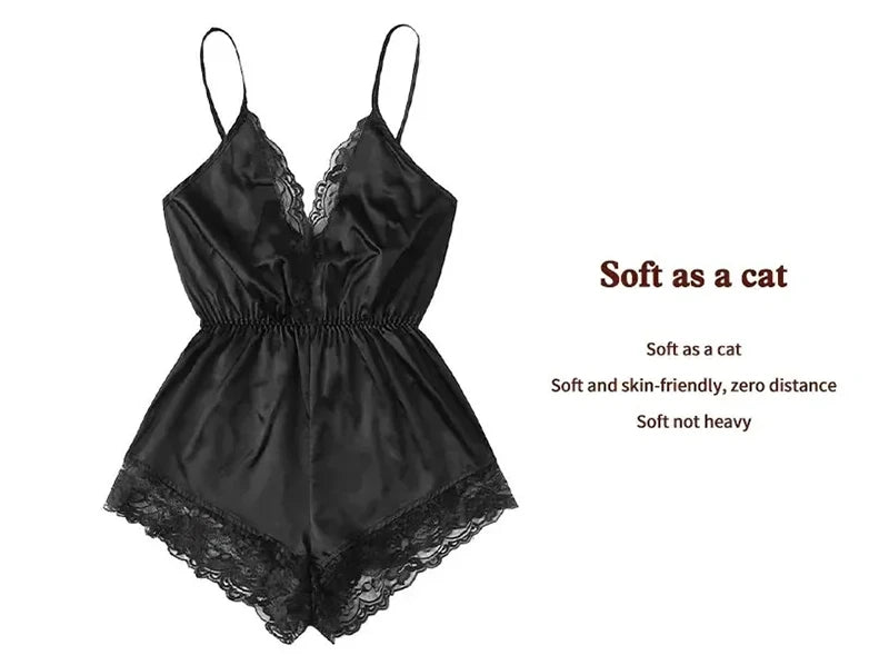 Summer New Sexy Fashion Women Lace Splice Trim Backless Bow Shorts V-Neck Bodysuit Women Sleep Wear Set