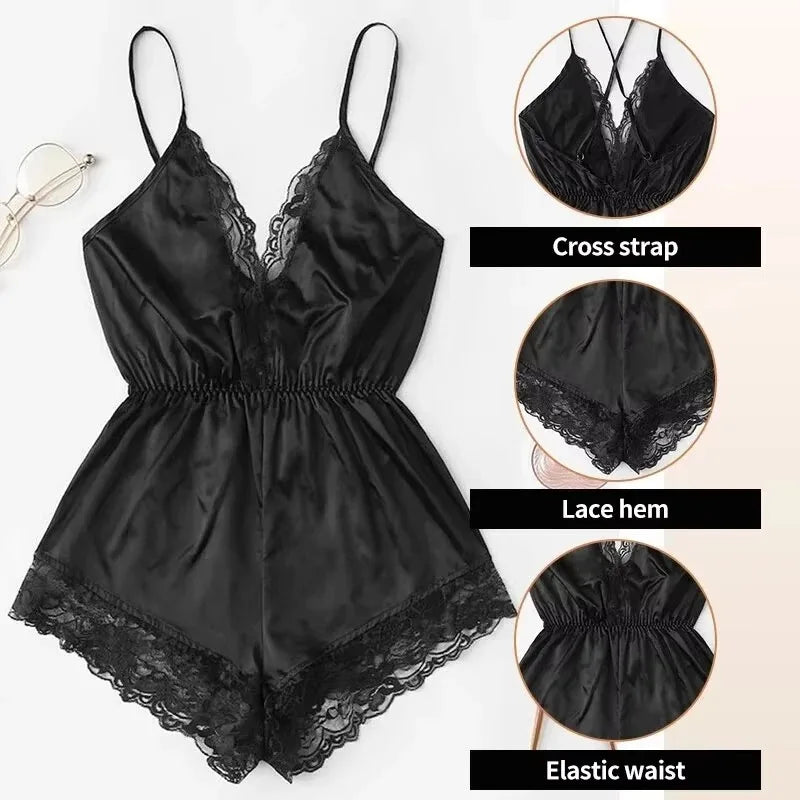 Summer New Sexy Fashion Women Lace Splice Trim Backless Bow Shorts V-Neck Bodysuit Women Sleep Wear Set