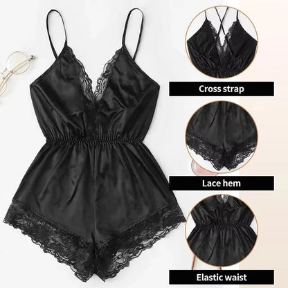 Summer New Sexy Fashion Women Lace Splice Trim Backless Bow Shorts V-Neck Bodysuit Women Sleep Wear Set