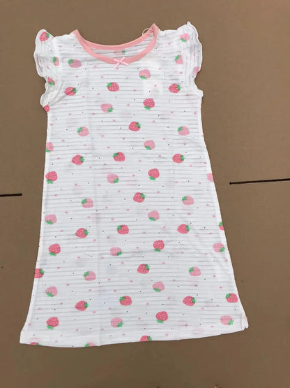 Girl Strawberry Prints Nightgown Dress Cotton Soft Breathable Kids Sleep Wear Quality Home Wear Size 110-170