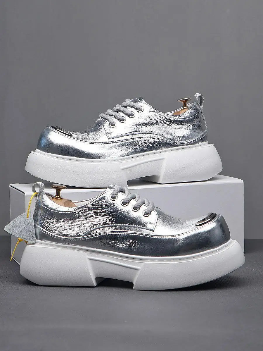 Luxury Silvery Man Shoes Platform Heightening Fashion Leather Shoes for Man Wear-resistant Lightweight Sneakers Shoes Men