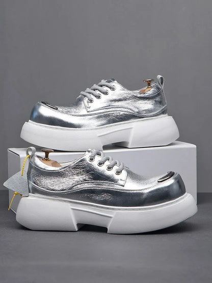 Luxury Silvery Man Shoes Platform Heightening Fashion Leather Shoes for Man Wear-resistant Lightweight Sneakers Shoes Men