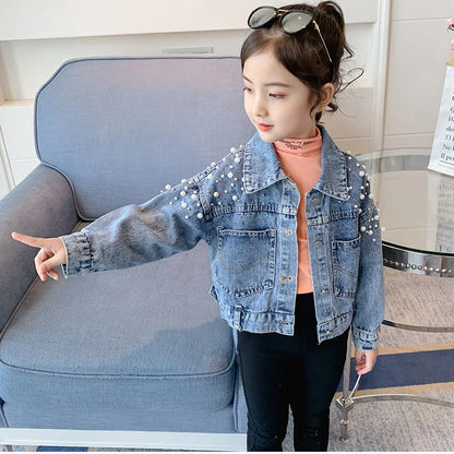 Spring Pearl Embellishment Teenage Girls Denim Coat Children Fashion Windbreaker Kids Birthday Present Outerwear for 3-12 Years