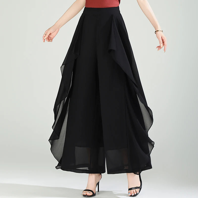 ZUZK Summer Ruffles Chiffion Pants Elastic Waist White Pants Women Fashion Lady Dance Pants baggy pants Wide Leg Pants