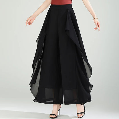 ZUZK Summer Ruffles Chiffion Pants Elastic Waist White Pants Women Fashion Lady Dance Pants baggy pants Wide Leg Pants