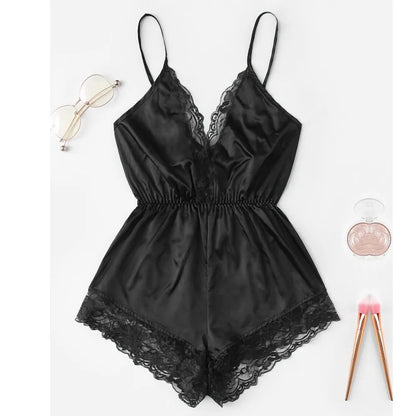 Summer New Sexy Fashion Women Lace Splice Trim Backless Bow Shorts V-Neck Bodysuit Women Sleep Wear Set
