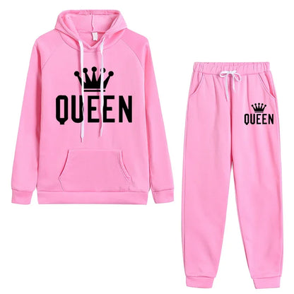 Queen Printed Womens Tracksuit Warm Casual Hooded Sweatshirt 2 Pcs Set Sports Jogging Woman Pants Set Daily Office Home Clothing