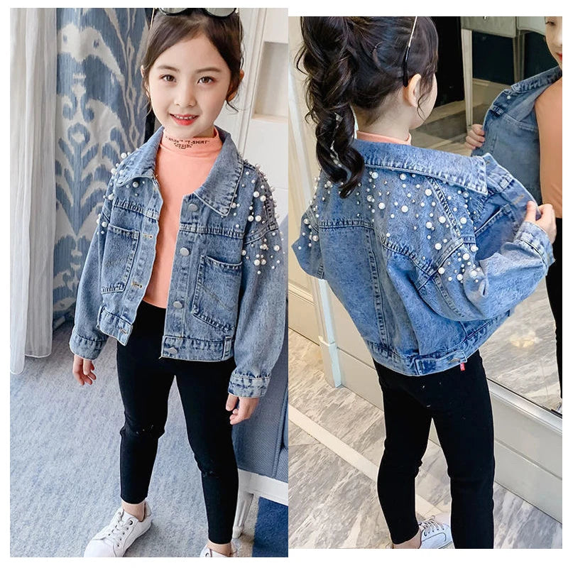 Spring Pearl Embellishment Teenage Girls Denim Coat Children Fashion Windbreaker Kids Birthday Present Outerwear for 3-12 Years