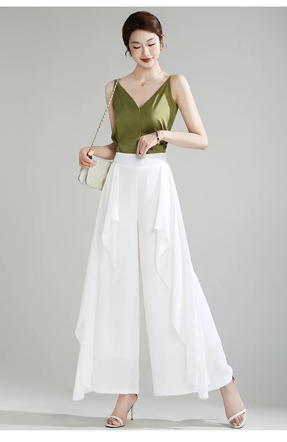 ZUZK Summer Ruffles Chiffion Pants Elastic Waist White Pants Women Fashion Lady Dance Pants baggy pants Wide Leg Pants
