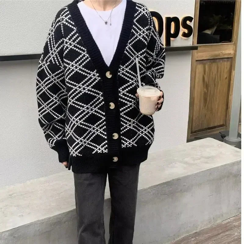 Men's Clothing Plaid Knit Sweater Male Jacket Black Coat Cardigan 2025 New In Aesthetic Meme Korean Autumn Clothes Sweat-shirt
